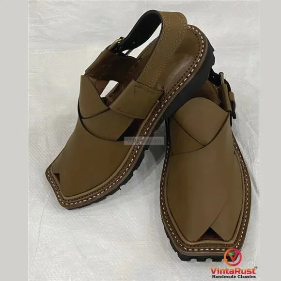 Olive Green Handmade Peshawari Chappal for Men: Leather  display picture 1